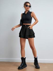 Firerie Two Layer Hem Wide Leg Shorts - Black - View 4