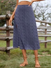 SHEIN VCAY Váy nữ Tách cao Họa tiết hoa Boho - Xanh và trắng - Xem 4