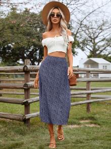 SHEIN VCAY Váy nữ Tách cao Họa tiết hoa Boho - Xanh và trắng - Xem 6