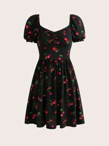 青少年女孩櫻桃圖案抽褶細節泡泡袖連衣裙 - 黑色 - 查看 1