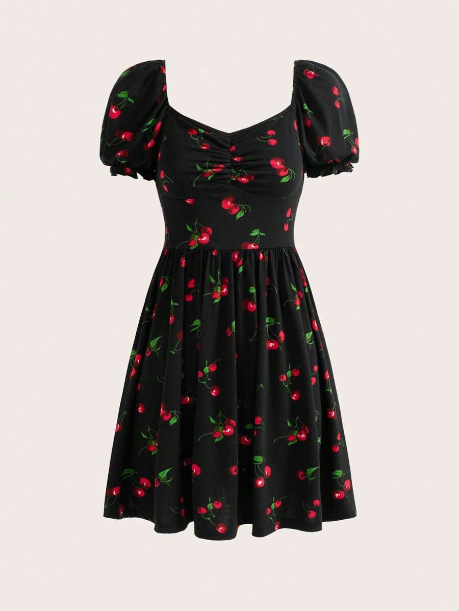 青少年女孩櫻桃圖案抽褶細節泡泡袖連衣裙 - 黑色 - 查看 1