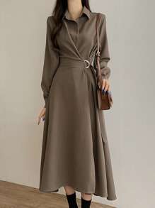 素色前紐扣襯衫洋裝