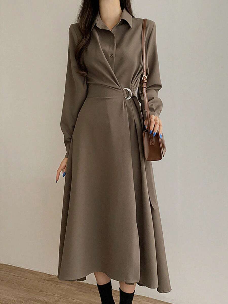 素色前紐扣襯衫洋裝