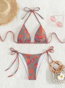SHEIN Swim 貝殼圖案掛脖三角杯比基尼泳裝 - 彩色 - 查看 3