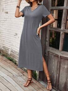 SHEIN LUNE Đầm Chia màu trơn Giải trí - Màu xám đen - Xem 7