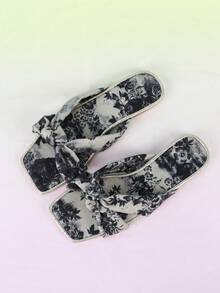 Women Floral Graphic Knot Decor Slide Sandals, Fashion Summer Flat Sandals - Multicolor - View 1
