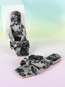 Women Floral Graphic Knot Decor Slide Sandals, Fashion Summer Flat Sandals - Multicolor - View 6