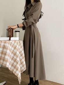 素色前紐扣襯衫洋裝