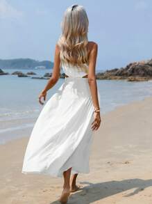 SHEIN VCAY Đầm Cắt ra Xù màu trơn Boho - trắng - Xem 2