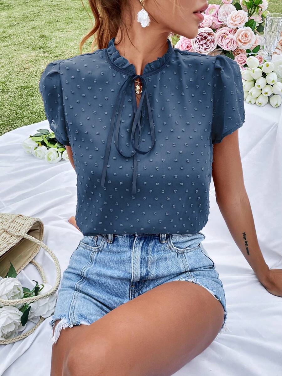 KARISMINA Swiss Dot Tie Neck Puff Sleeve Frill Trim Blouse - Dusty Blue - View 1