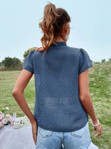 KARISMINA Swiss Dot Tie Neck Puff Sleeve Frill Trim Blouse - Dusty Blue - View 2