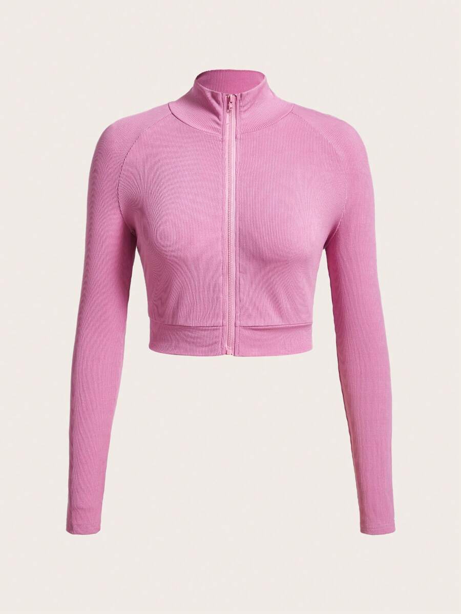 SHEIN EZwear Zip Up Raglan Sleeve Crop Jacket - Pink - View 1
