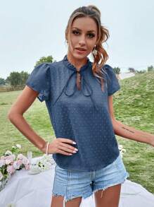 KARISMINA Swiss Dot Tie Neck Puff Sleeve Frill Trim Blouse - Dusty Blue - View 4