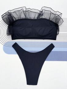 荷葉邊抹胸比基尼泳裝 - 黑色 - 查看 2