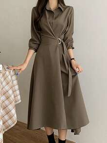 素色前紐扣襯衫洋裝