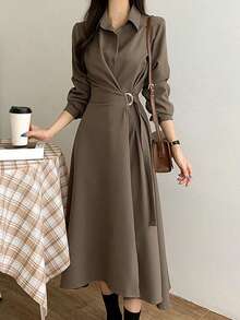 素色前紐扣襯衫洋裝