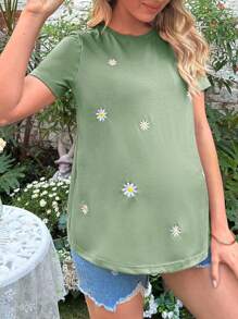 SHEIN Maternity Embroidery Floral Pattern Curved Hem Tee - Mint Green - View 4