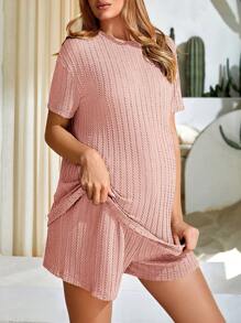 SHEIN Maternity Solid Drop Shoulder Tee & Drawstring Waist Shorts - Coral Pink - View 5