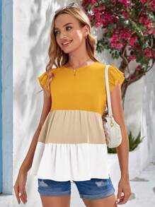 SHEIN Maternity Colourblock Ruffle Trim Peplum Top - Yellow - View 3