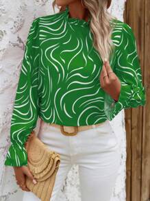 SHEIN Clasi 滿版印花荷葉袖褶邊領襯衫 - 綠色 - 查看 3