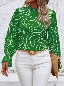 SHEIN Clasi 滿版印花荷葉袖褶邊領襯衫 - 綠色 - 查看 4