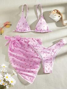 Swim Mod Summer Beach Floral Print Triangle Bikini Set With Beach Skirt - Baby Pink - View 1