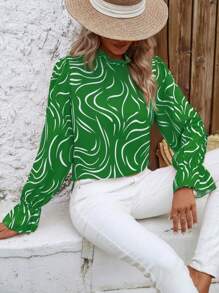 SHEIN Clasi 滿版印花荷葉袖褶邊領襯衫 - 綠色 - 查看 6