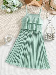 SHEIN Girls Ruffle Trim Pleated Cami Dress