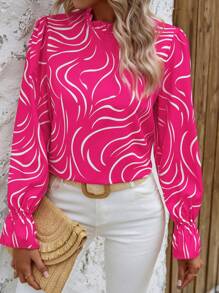 SHEIN LUNE 滿版印花荷葉袖褶邊領襯衫 - 玫紅色 - 查看 1