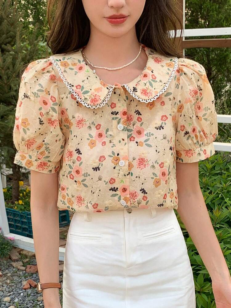 Allover Floral Peter Pan Collar Puff Sleeve Blouse Easter