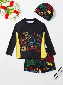 Young Boy Gamepad Print Beach Swimsuit With Swim Cap - Black - View 1