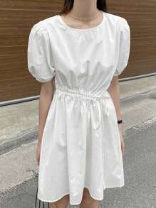Vestido unicolor de cintura con cordón de manga farol - Blanco - Ver 1