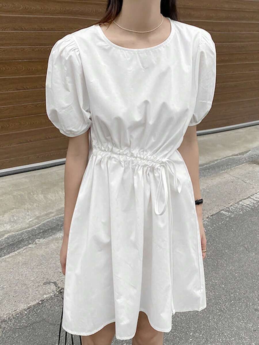 Vestido unicolor de cintura con cordón de manga farol - Blanco - Ver 1