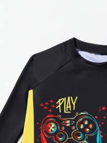 Young Boy Gamepad Print Beach Swimsuit With Swim Cap - Black - View 3