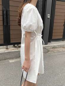 Vestido unicolor de cintura con cordón de manga farol - Blanco - Ver 2
