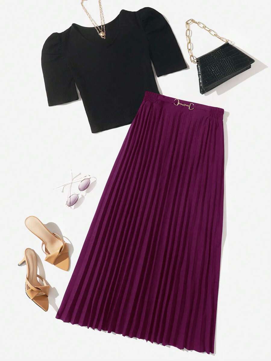 Mulvari Solid Crop Tee & Pleated Skirt - Multicolor - View 1