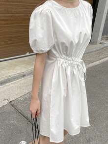 Vestido unicolor de cintura con cordón de manga farol - Blanco - Ver 3