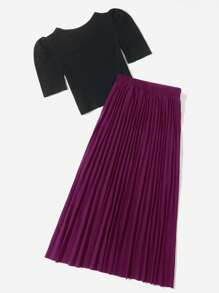 Mulvari Solid Crop Tee & Pleated Skirt - Multicolor - View 2