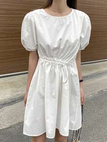 Vestido unicolor de cintura con cordón de manga farol - Blanco - Ver 4