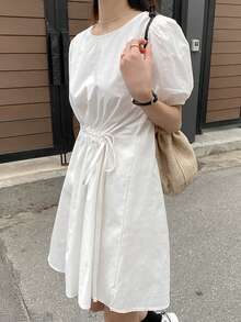 Vestido unicolor de cintura con cordón de manga farol - Blanco - Ver 8