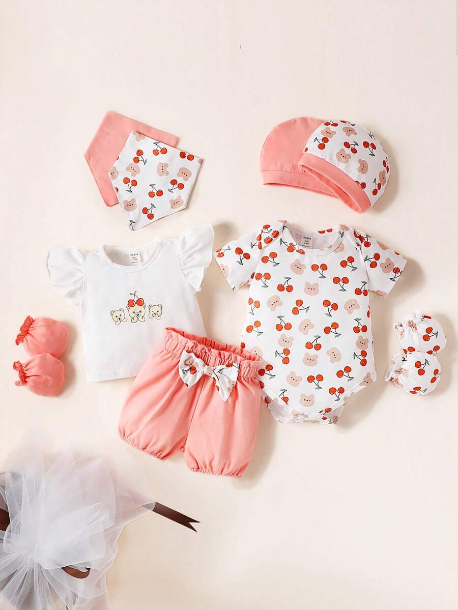 SHEIN Bộ đồ Em bé Xù Nơ trước Rau quả - Nhiều màu - Xem 1