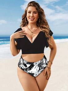 Swim Vcay 大尺寸熱帶印花荷葉邊比基尼套裝，夏季海灘必備 - 黑與白 - 查看 3