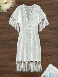 Kimono viền tua rua eo rút dây tua rua, cho kỳ nghỉ hè ở bãi biển - trắng - Xem 3