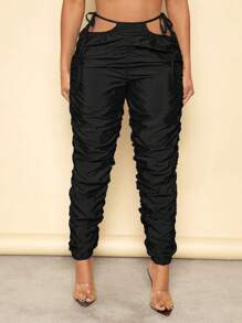 SHEIN SXY Cut Out Waist Knot Side Ruched Trousers - Black - View 4