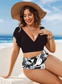 Swim Vcay 大尺寸熱帶印花荷葉邊比基尼套裝，夏季海灘必備 - 黑與白 - 查看 4