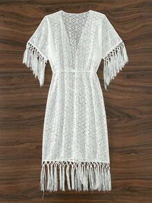 Kimono viền tua rua eo rút dây tua rua, cho kỳ nghỉ hè ở bãi biển - trắng - Xem 4