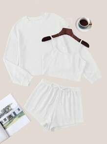 3pcs Solid Waffle Knit Lounge Set - White - View 1