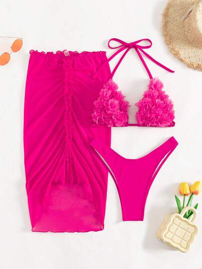 SHEIN Swim Summer Beach Appliques Halter Triangle Bikini Set With Beach Skirt