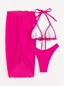 SHEIN Swim Triangle-Bikini mit Neckholder, Applikation, & Strandrock