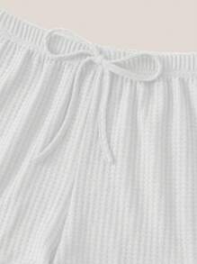 3pcs Solid Waffle Knit Lounge Set - White - View 5